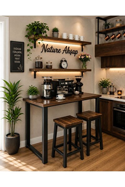 NATUREE AHŞAP 2 Tabure + 2 Raf + 60 x 120 Bar Masası Metal Ayaklı Özel Tasarı...