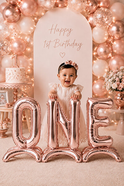 DODOMAR Rose Gold Footed One Written 1 Year Old Foil Balloon Set 75 cm 32 Inc...