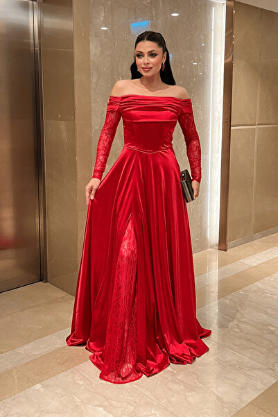 giyimmasalı Satin Fabric Lace Detailed Evening Dress - Red