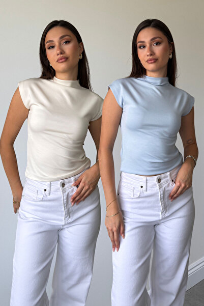 MAGARDE White Blue 2-Pack Premium Stand-Collar Blouse - White Blue