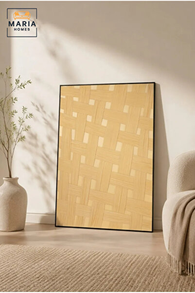 MARIA HOMES Modern Woven Pattern Framed Wall Art – Beige Textured Abstract Pa...