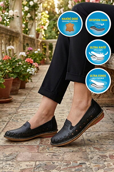AYAKMOD Black Narrow Fit Genuine Leather Orthopedic Women's Casual Shoes 1008 Z