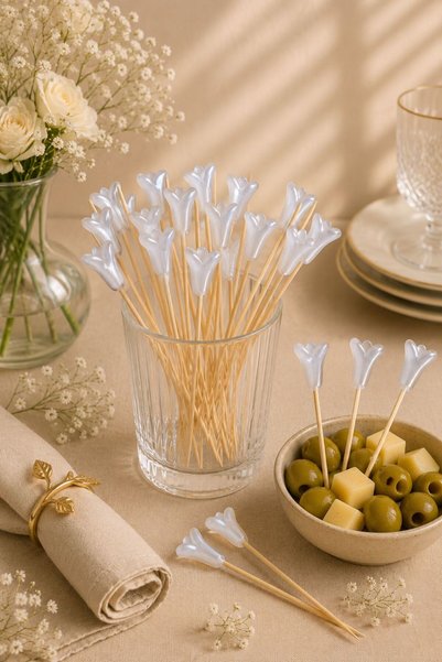 NEWNOW Elegans 25-Piece Headed Socialite Toothpicks Cocktail Toothpicks Party and Presentation Toothpicks Transparent White Tulip