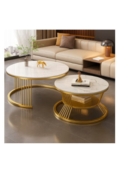 shopandshop Round Metal Base Marble Top Nesting Coffee Table ( Set of 2)white...