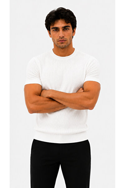 MODASPARK White Crew Neck Hair Braid Patterned Short Sleeve Slim Fit Men's T-...