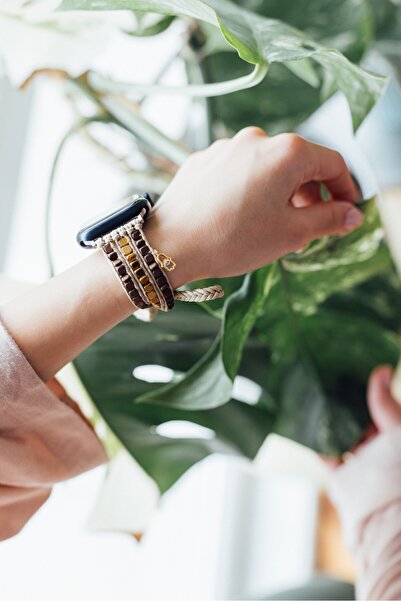 EARTH EIRA El Örgüsü Doğal Taş Apple Watch Uyumlu Kordon, Hematit Tasarım, 38...