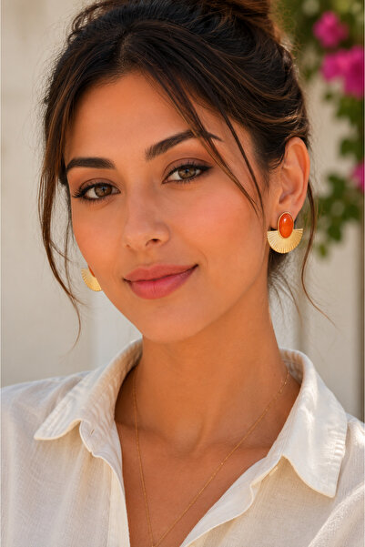 POYASE Fan Shape Orange and White Stone Detailed Gold Plated Earrings