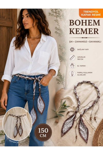 beyna aksesuar Natural Handmade Belt with Candle Strings and Wooden Beads, 150 cm