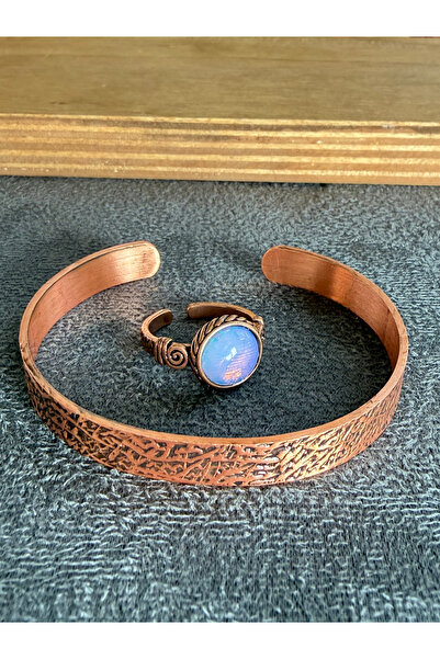 Rupen Kraft Handcrafted copper bracelet and natural stone ring set, adjustabl...