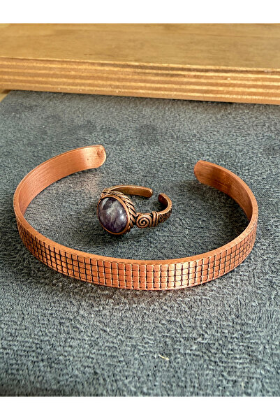 Rupen Kraft Handcrafted copper bracelet and natural stone ring set, adjustabl...