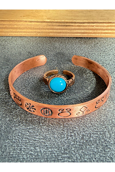 Rupen Kraft Handcrafted copper bracelet and natural stone ring set, adjustabl...