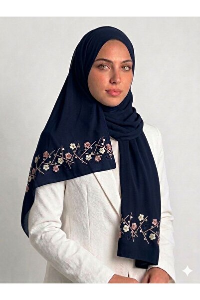 Veil Designer Navy Blue Rose and Japanese Fabric Branches Embroidery on Both ...