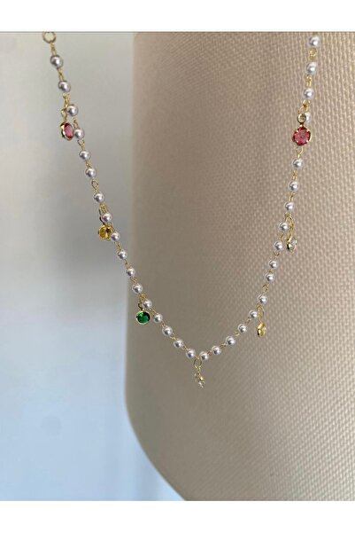 Bade Jewelry Fd Gold Pearl Row Colorful Stone Detailed Tarnish-Resistant Stee...