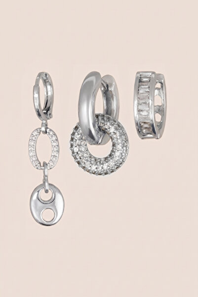Hetra Silver Color Zircon Stone Oval Plate Dangle 3-Piece Hoop Earring Set