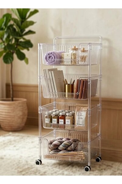 Cady One 4-Layer Clear Plastic Storage Shelves with Wheels Side Handle, Shelv...
