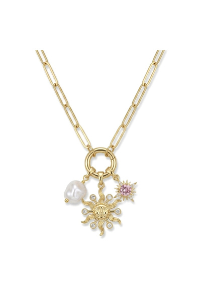 h&b design jewel قلادة شمسية مرصعة باللؤلؤ الذهبي الفولاذي