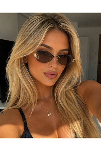 VEXA Ochelari de soare damă, model oval, rame aurii, lentile maro, design ele...