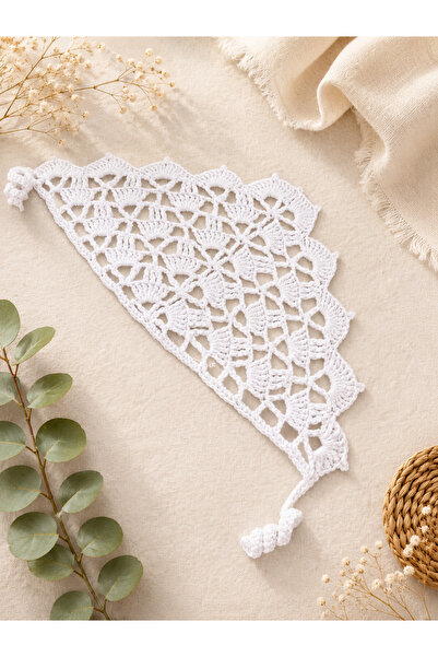 örgü White Hand-Knitted Children's Bandana – Summer Lace Patterned Hair Acces...