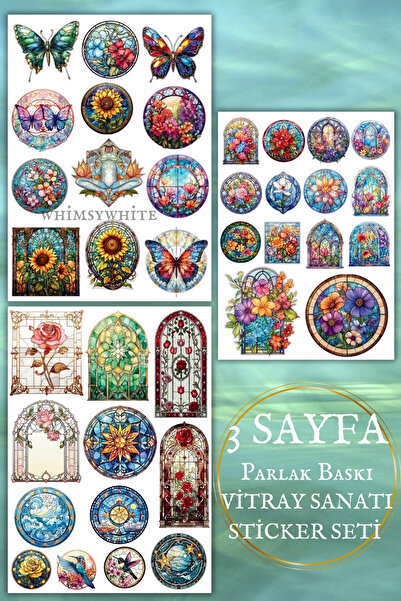 WhimsyWhite Stained Glass Art 3 Sheets Sticker Set – 11X16 cm - Colorful Flor...