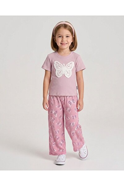 Egelite Girl's Summer Muslin Trousers and Butterfly Embroidered T-Shirt 2-Pie...