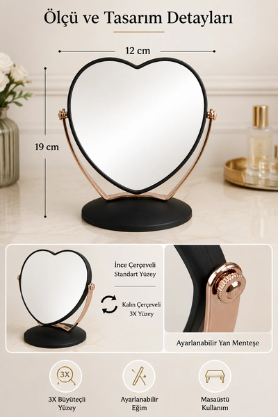 Tilbe Home 3X Büyüteçli Çift Taraflı Masaüstü Makyaj Aynası Kalpi Siyah Rose Gold Standlı Dekoratif Yakın Ayna