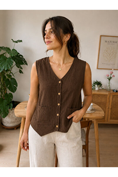 cesita Women's Brown Buttoned Front 2 Layer Muslin Vest Blouse