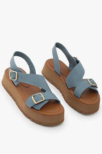 SAYL Blue Genuine Leather Buckle Platform Sole Women's Sandals