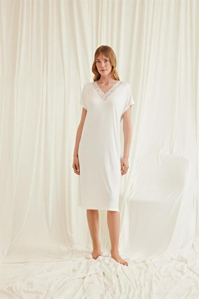 Veraura Lifestyle Closet Lace Collar Short Sleeve Ecru Nightgown