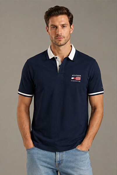 Tommy Hilfiger Mens Navy Blue Embroidered Logo Regular Fit Polo T-Shirt