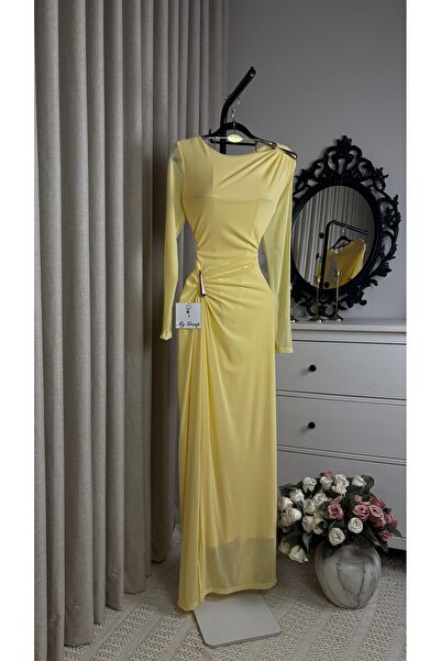 MYGROUP Soft Maxi Evening Dress with Long Sleeves and Side Zemzem Detail