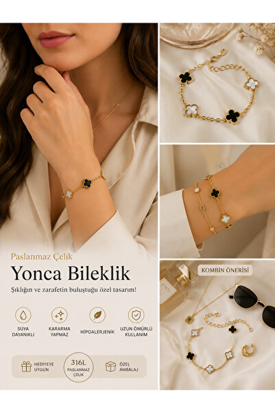 kasımoğulları concept Black & White Clover Detailed Stainless Steel Bracelet ...