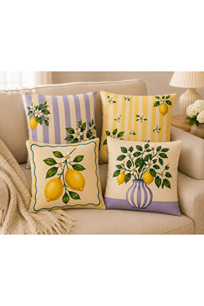 Piloji Limon Desenli Dekoratif Kırlent 43x43 cm İç Dolgulu Koltuk Yastığı 4'lü