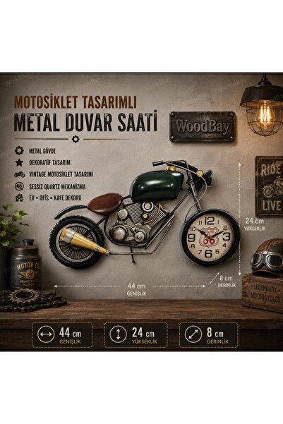 WoodBay Motosiklet Tasarımlı Metal Duvar Saati 44x24 cm Vintage Dekoratif Saa...