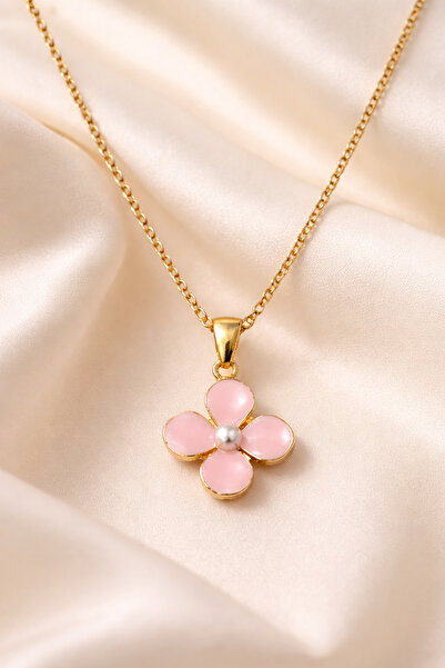 THE Steel Women's Gold Color Pink Flower Figured Pearl Detailed Necklace