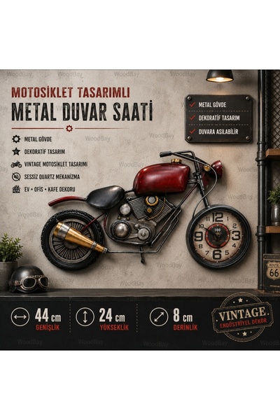 WoodBay Motosiklet Tasarımlı Metal Duvar Saati 44x24 cm Vintage Dekoratif Saa...