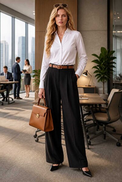 hies Pants + Belt, Elastic Waist High Waist Wide Leg Palazzo Belted Fabric Pa...