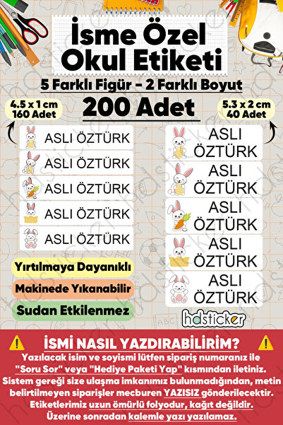 hdsticker 200 Adet Tavşan Desenli İsme Özel Okul Etiketi Kişiye Özel İsim Bas...