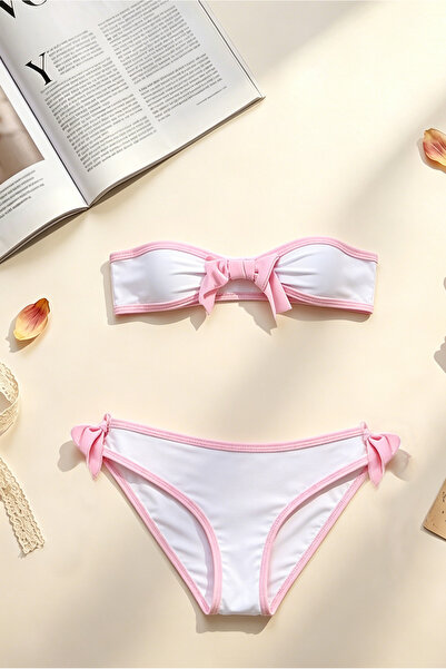 Generic White Pink Bow Trim Bandeau Bikini Set, Strapless Tie Side Two Piece ...
