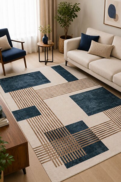 Oriente Home Talya Serisi Bej Lacivert Yıkanabilir Kaymaz Taban Şönil Salon H...