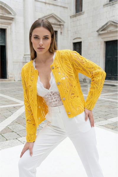 KAREN TEKSTİL Basic Jacket-Cardigan with Lace Pattern and Gold Buttons