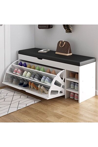 Vivendo Dulap pentru pantofi tip bancheta, 100 x 30 x 51 cm, Alb/Maro/Gri