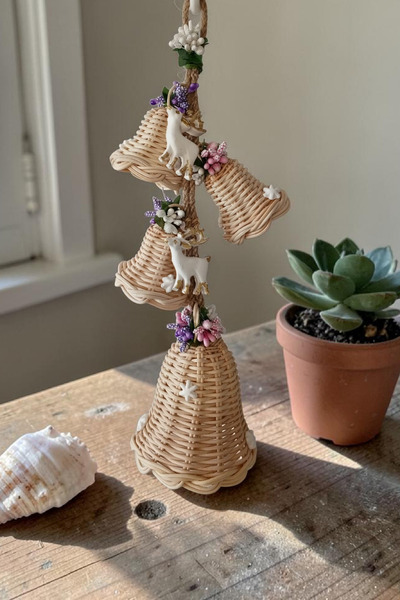 MaviMarinUrla El Yapımı Bambu Rattan Dekoratif 4'lü Sarkıt Çiçekli Çan Kapı S...