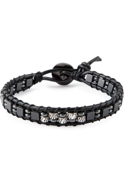 MINZA Silver Leather & Hematite Men’s Bracelet, 925 Sterling Silver & Leather...