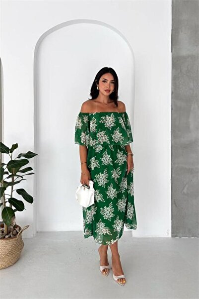 Neşeli Butik Women's Green Madonna Collar Chiffon Patterned Midi Length Dress...