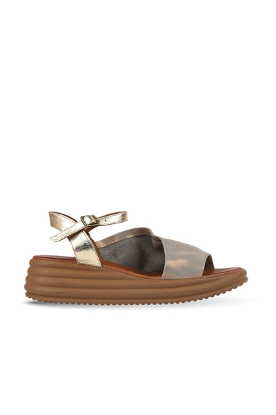 BUENO Khaki Gold Glittery Leather Women's Wedge Heeled Sandals