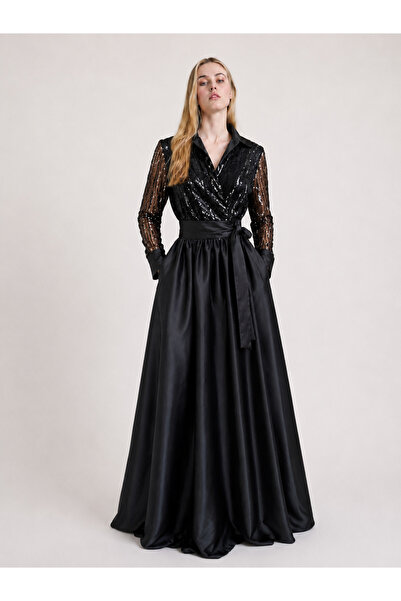 MERT ERKAN Black Maxi Stylish Dress with Double Breasted Closure