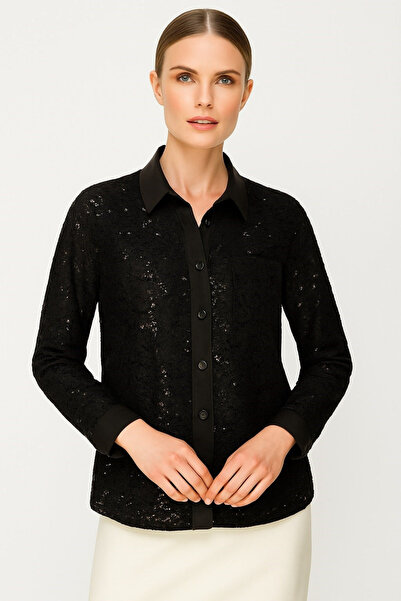 Mutlu Ertan Women's Lace Ribbed Collar Jacket 30380-Black