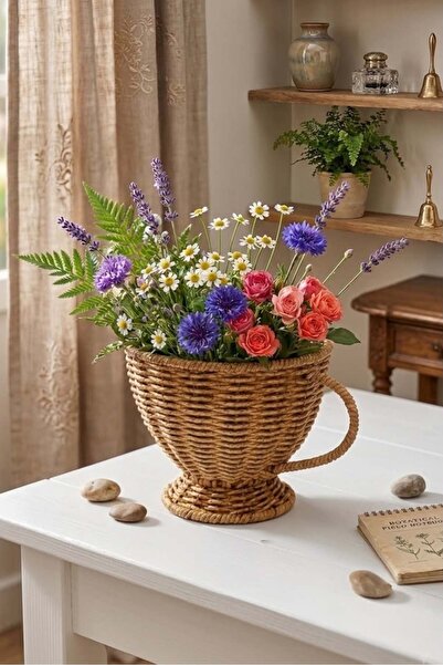 Bayev Rattan 1691 Cup Model Basket with Handle 15 cm Rattan Knitted Flower Po...