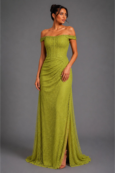 Queens dresses Green Long Lace Dress with Off-The-Shoulder Design