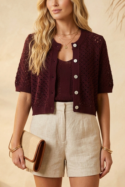 zerfu Women's Bohemian Patterned Short Sleeve Buttoned Crop Knitwear Cardigan